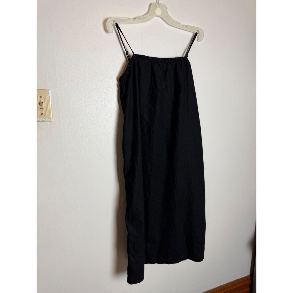 Black‎ Linen Blend Midi Dress boxy lagenlook euro summer minimalist pockets M